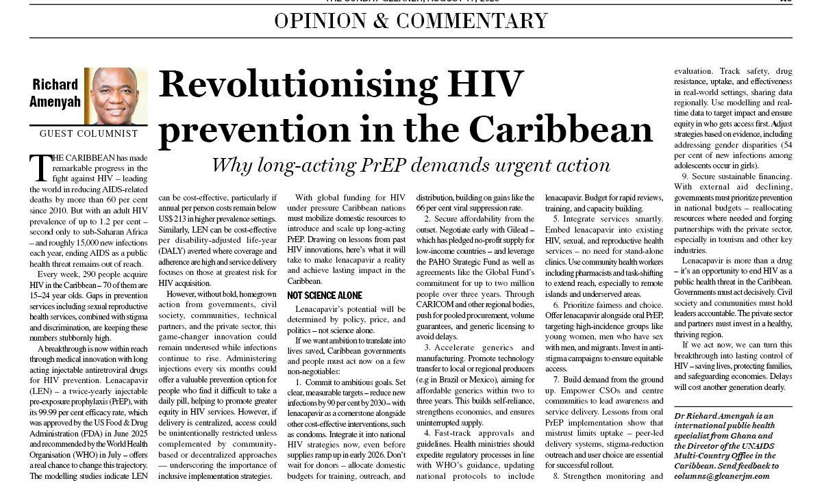Every week, 290 people acquire HIV in the Caribbean – 70 of them are 15–24 year olds. Gaps in HIV prevention are keeping these numbers stubbornly high. With long acting injectable antiretroviral drugs for HIV prevention, a breakthrough is now within reach. jamaica-gleaner.com/article/commen…