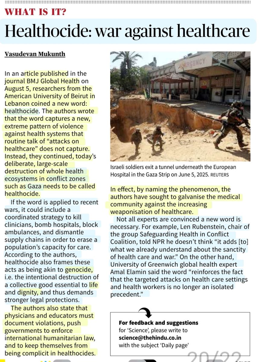 imRavikantYadav's tweet photo. Healthocide: war against heathcare

:Details by Sh Vasudevan Mukunth
@1amnerd 

#Healthocide #Violence #HealthSystems #Healthcare #Weaponisation #AttackOnHealthcare #Health #Ecosystem 
#ConflictZones
#Genocide

#UPSC 

Source:TH https://t.co/ReKEeaGe0V