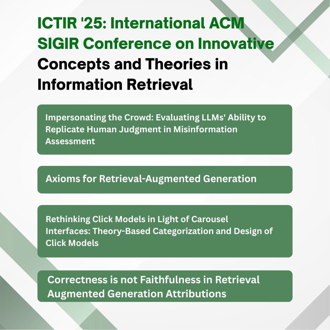 ACMDL's tweet photo. Congratulations to all the incredible minds recognized at #ICTIR 25 for their outstanding research! Keep pushing boundaries and shaping the future of technology! Check out the Best Papers here: https://t.co/zkzAJuduXe https://t.co/mZ30fOgME8