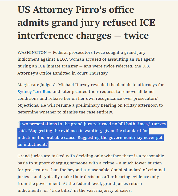 Another example of what the Trump DOJ is up against in Washington DC.

This month, a DC grand jury TWICE refused to indict a woman arrested for interfering then assaulting an FBI agent involved in an ICE operation in Washington.

This is particularly infuriating because these