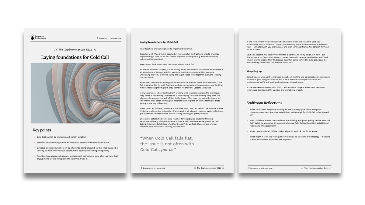 📣 NEW POST // Laying foundations for Cold Call //

🎯 Many schools are working hard to implement Cold Call, but have we established the conditions for its success?

📰 Download this edit as a teacher-friendly handout, ready for use in your school's PL program.

👉