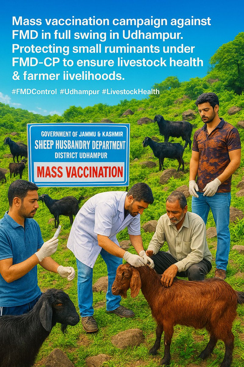 dioudhampur's tweet image. 🐐 💉 Mass vaccination campaign against FMD in full swing in Udhampur. Protecting small ruminants under FMD-CP to ensure livestock health &amp;amp; farmer livelihoods. 

#FMDControl #Udhampur #LivestockHealth 
@diprjk
@rai_saloni
@NitishRajora_
@DDNewslive
@ddnews_jammu