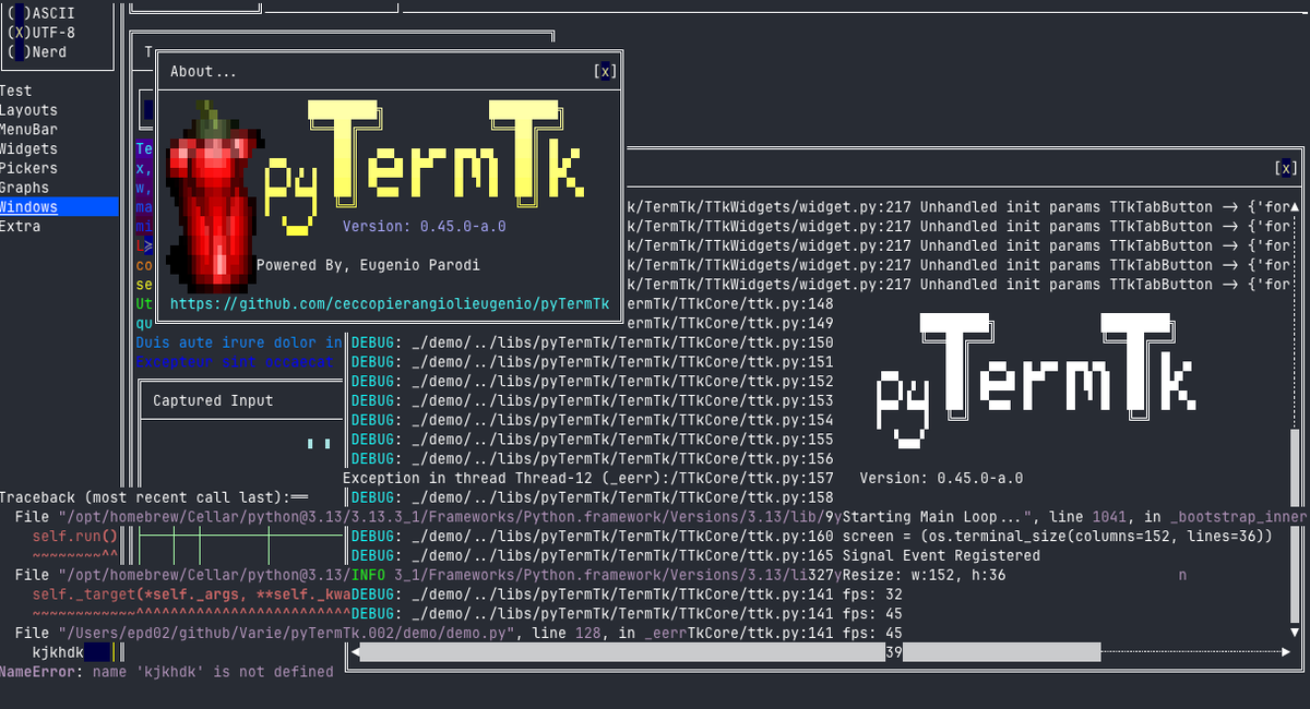 Pier95886803's tweet photo. No more glitces finally, with the shining new stderr redirection to TTkLog
All of this Magic 🧙 only on: #pyTermTk
https://t.co/MoR8me6R3h
#TUI #Python #Linux #terminal https://t.co/rt1vUAr2TA
