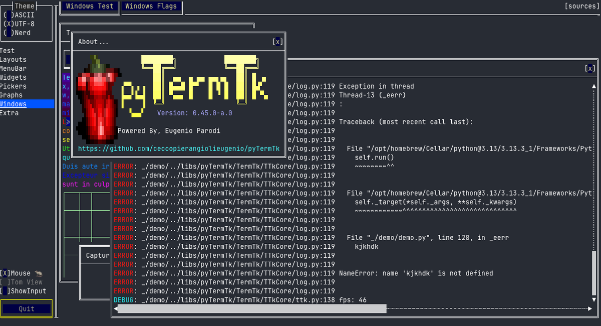 Pier95886803's tweet photo. No more glitces finally, with the shining new stderr redirection to TTkLog
All of this Magic 🧙 only on: #pyTermTk
https://t.co/MoR8me6R3h
#TUI #Python #Linux #terminal https://t.co/rt1vUAr2TA