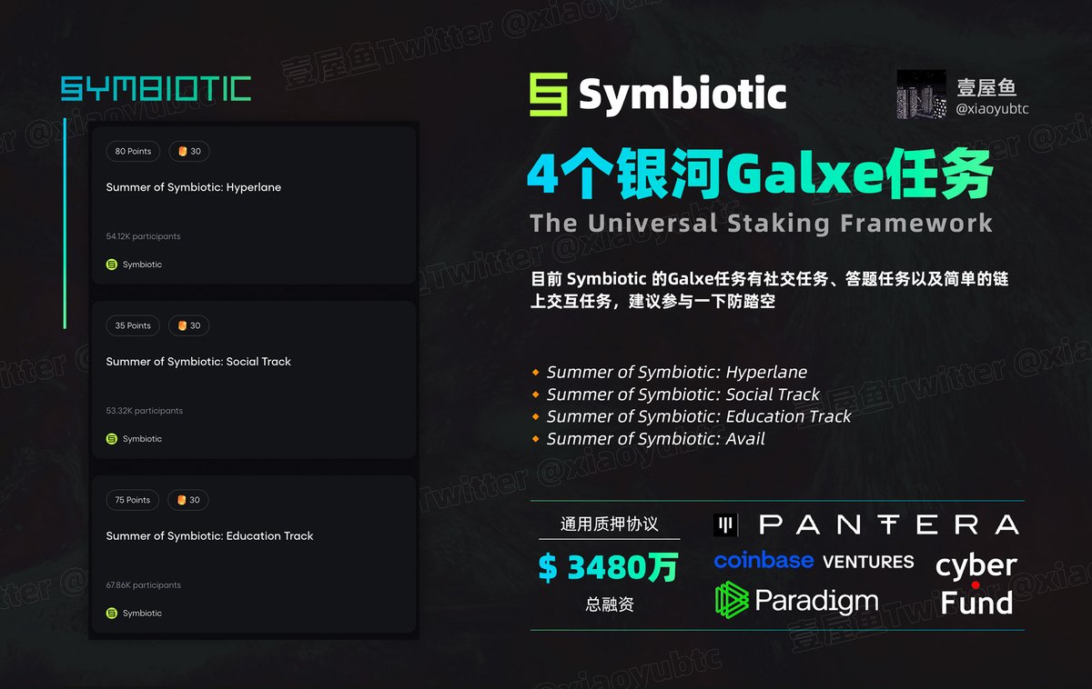 继续跟进 Symbiotic <a href="/symbioticfi/">Symbiotic</a> 新增Galxe银河任务，速度做一下

总融资 3480 万美元，面向多链生态的通用质押协议，Paradigm、Pantera Capital、Coinbase Ventures、CyberFund 等顶级机构参与投资

新增任务是和 Avail <a href="/AvailProject/">Avail</a> 联合的活动，包含答题、社交、简单链上任务