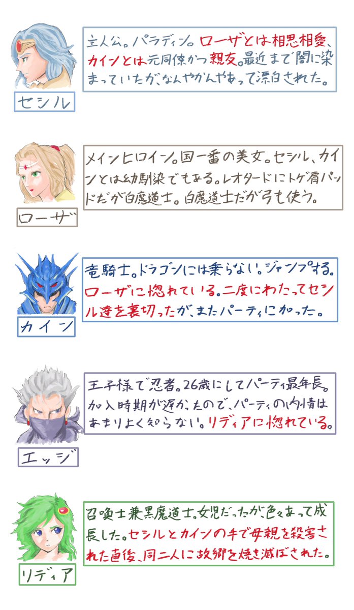 shirai_renga's tweet photo. 信じられるか？
これ、昼ドラでもサスペンスでもなくてファンタジーRPGの最終パーティなんだぜ

世界を救うべくラスボスを討伐しに行くんだぜ
内輪で殺し合い始めそうなこのメンバーで

#FF4　⚠️ネタバレ注意⚠️ https://t.co/UTG9Mg4wY1