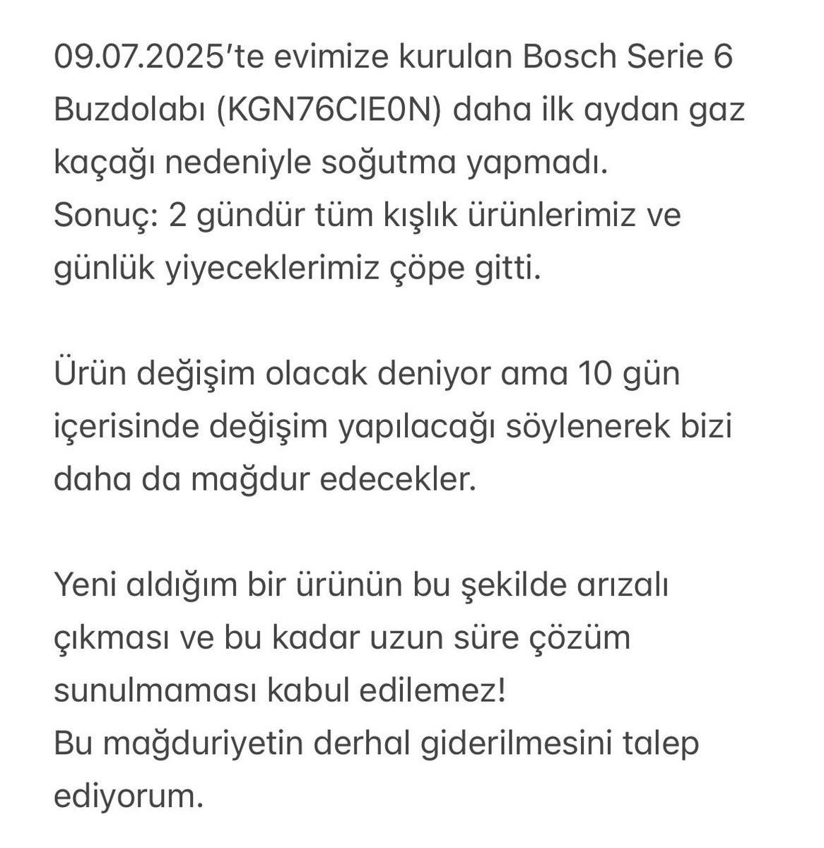 aheabmaia's tweet photo. Daha ilk aydan arıza çıkan Bosch Serie 6 Buzdolabı yüzünden tüm yiyeceklerimiz bozuldu. 10 gün sonra değişim deniyor, mağduriyetimiz devam ediyor! Bu kabul edilemez! #Bosch #Buzdolabı #Mağduriyet #TüketiciHakkı @BoschTurkey @BoschHomeTR @TuketiciHaklari @sikayetvar @tc_cimer https://t.co/bzMjOwf8Nk