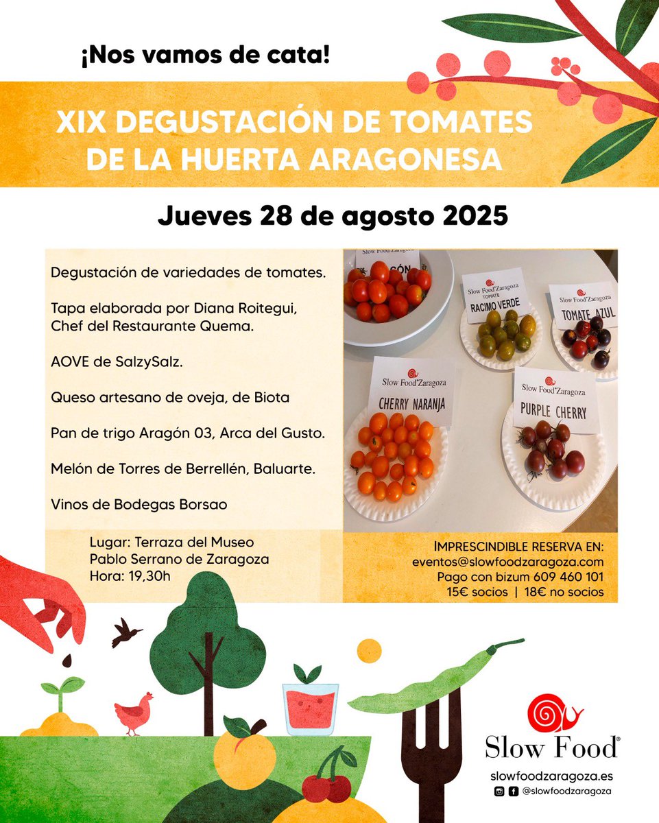 XIX DEGUSTACIÓN DE TOMATES DE LA HUERTA DE ARAGÓN 🍅🍅 en Quema Terraza Museo Pablo Serrano
de Zaragoza.
🍅 AFORO LIMITADO 
🍅 Imprescindible reserva en eventos@slowfoodzaragoza.com <a href="/aragonalimentos/">Aragón Alimentos</a> <a href="/BorsaoBodegas/">Bodegas Borsao</a> 
@Ecomonegros @Salzysalz