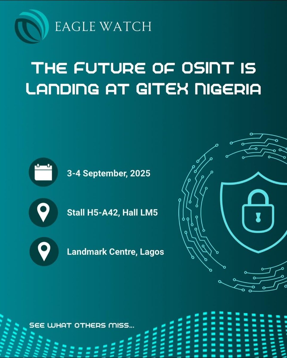 𝐆𝐚𝐭𝐡𝐞𝐫 𝐚𝐜𝐭𝐢𝐨𝐧𝐚𝐛𝐥𝐞 𝐈𝐧𝐭𝐞𝐥𝐥𝐢𝐠𝐞𝐧𝐜𝐞 𝐢𝐧 𝐦𝐢𝐧𝐮𝐭𝐞𝐬
We’re showcasing 𝐄𝐚𝐠𝐥𝐞 𝐖𝐚𝐭𝐜𝐡, our 𝐀𝐈-𝐩𝐨𝐰𝐞𝐫𝐞𝐝 𝐎𝐒𝐈𝐍𝐓 platform, live <a href="/GITEXNG/">GITEX NIGERIA</a> .
 Hall LM5, Stand H5-A42
  3–4 Sept | Landmark Centre, Lagos.
#GITEXNIGERIA #GITEXGLOBAL #Abuja #AI