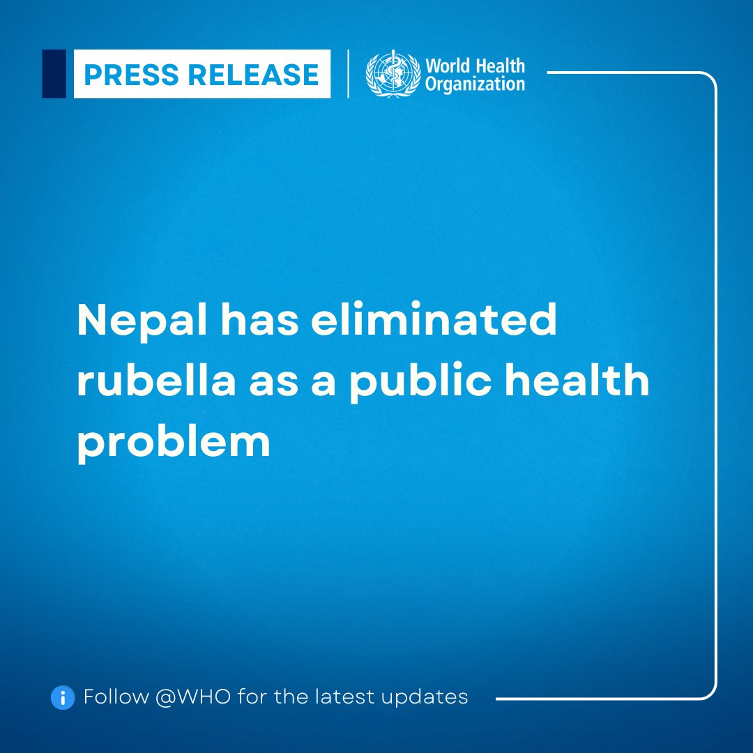 World Health Organization (WHO) (@who) on Twitter photo Congratulations! #Nepal 🇳🇵 has eliminated #rubella as a public health problem, becoming the sixth country in <a href="/WHOSEARO/">World Health Organization South-East Asia</a> to do so.
This success reflects the commitment & efforts of leaders, health workers, volunteers & community members to ensure a healthy start for babies & a Congratulations! #Nepal 🇳🇵 has eliminated #rubella as a public health problem, becoming the sixth country in <a href="/WHOSEARO/">World Health Organization South-East Asia</a> to do so.
This success reflects the commitment & efforts of leaders, health workers, volunteers & community members to ensure a healthy start for babies & a