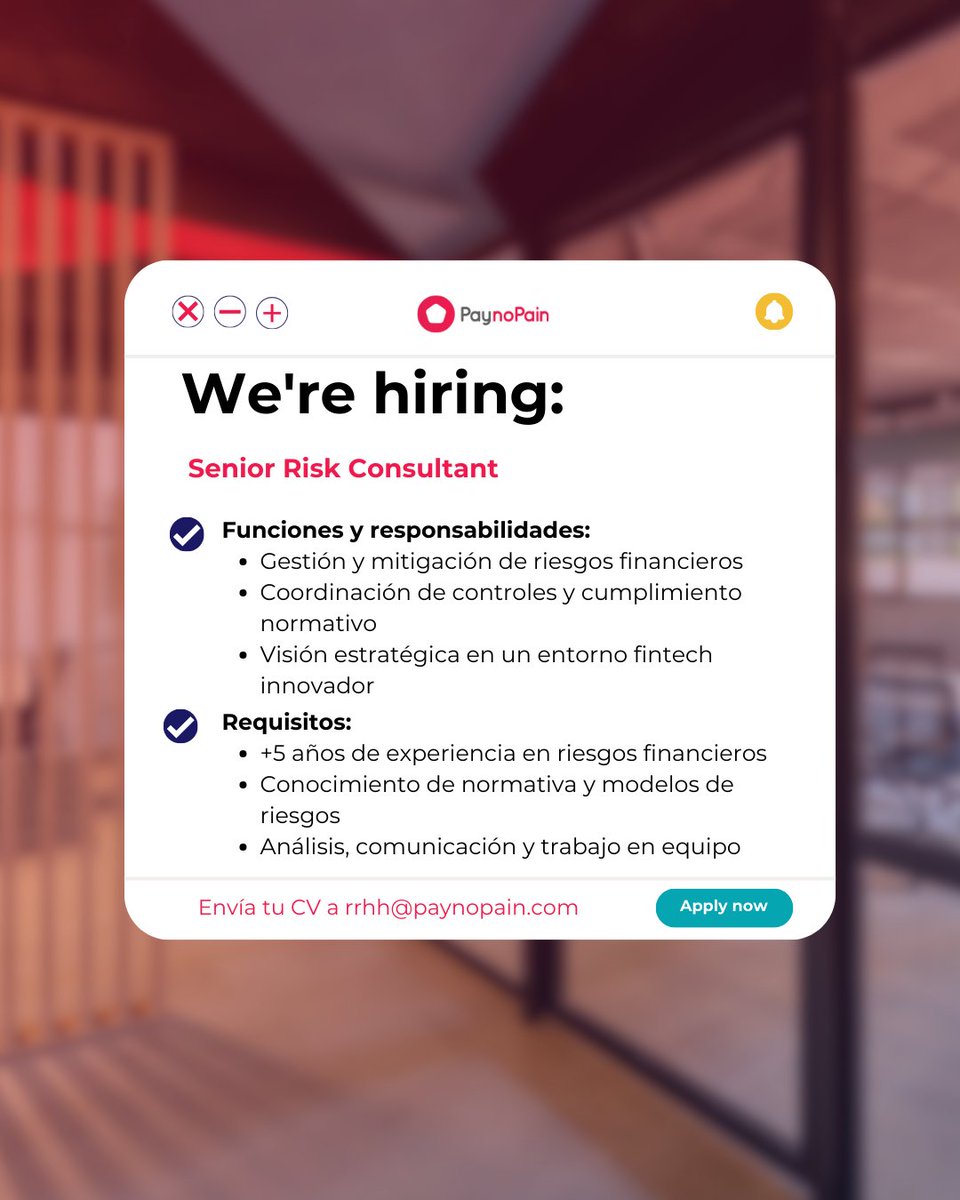 PaynoPain (@paynopain) on Twitter photo 🚀 En PaynoPain seguimos creciendo y buscamos incorporar a un/a Senior Risk Consultant al Departamento de Cumplimiento en Madrid.
📩 Consulta todos los detalles de la oferta. 👇
lnkd.in/dYDYjbGv
#Hiring #Empleo #OfertaEmpleo 🚀 En PaynoPain seguimos creciendo y buscamos incorporar a un/a Senior Risk Consultant al Departamento de Cumplimiento en Madrid.
📩 Consulta todos los detalles de la oferta. 👇
lnkd.in/dYDYjbGv
#Hiring #Empleo #OfertaEmpleo