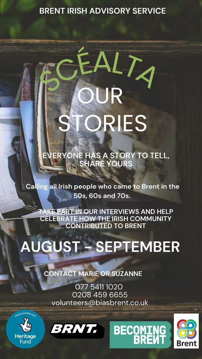 Call out to Irish people in Brent – we’d love to hear your story! Get involved in BIAS's new oral history project Scéalta ('Our Stories') and share your memories with us. Contact us on 0208 459 6655 for more information. <a href="/HeritageFundUK/">The National Lottery Heritage Fund</a> <a href="/irishinbritain/">Irish in Britain</a> <a href="/RyanHack_/">Cllr Ryan Hack</a>
