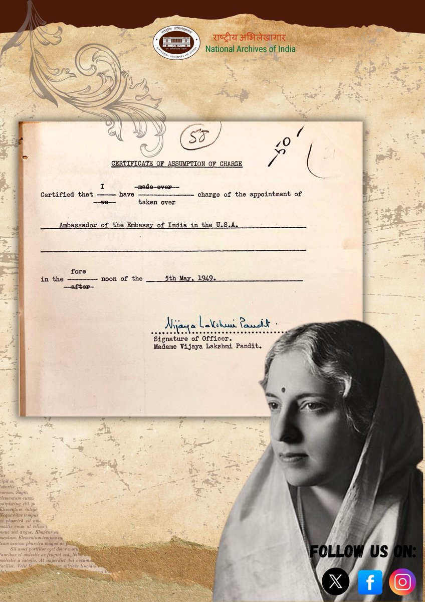 On Vijay Lakshmi Pandit's birth anniversary, #NAI presents a rare glimpse of her Certificate of Assumption of Charge (with her signature) as India's Ambassador to the U.S.A.

-MEA, Establishment-II, 1948, Fn. No. 33(50)-E-II/48

#VijayLakshmiPandit #MainBharatHoon