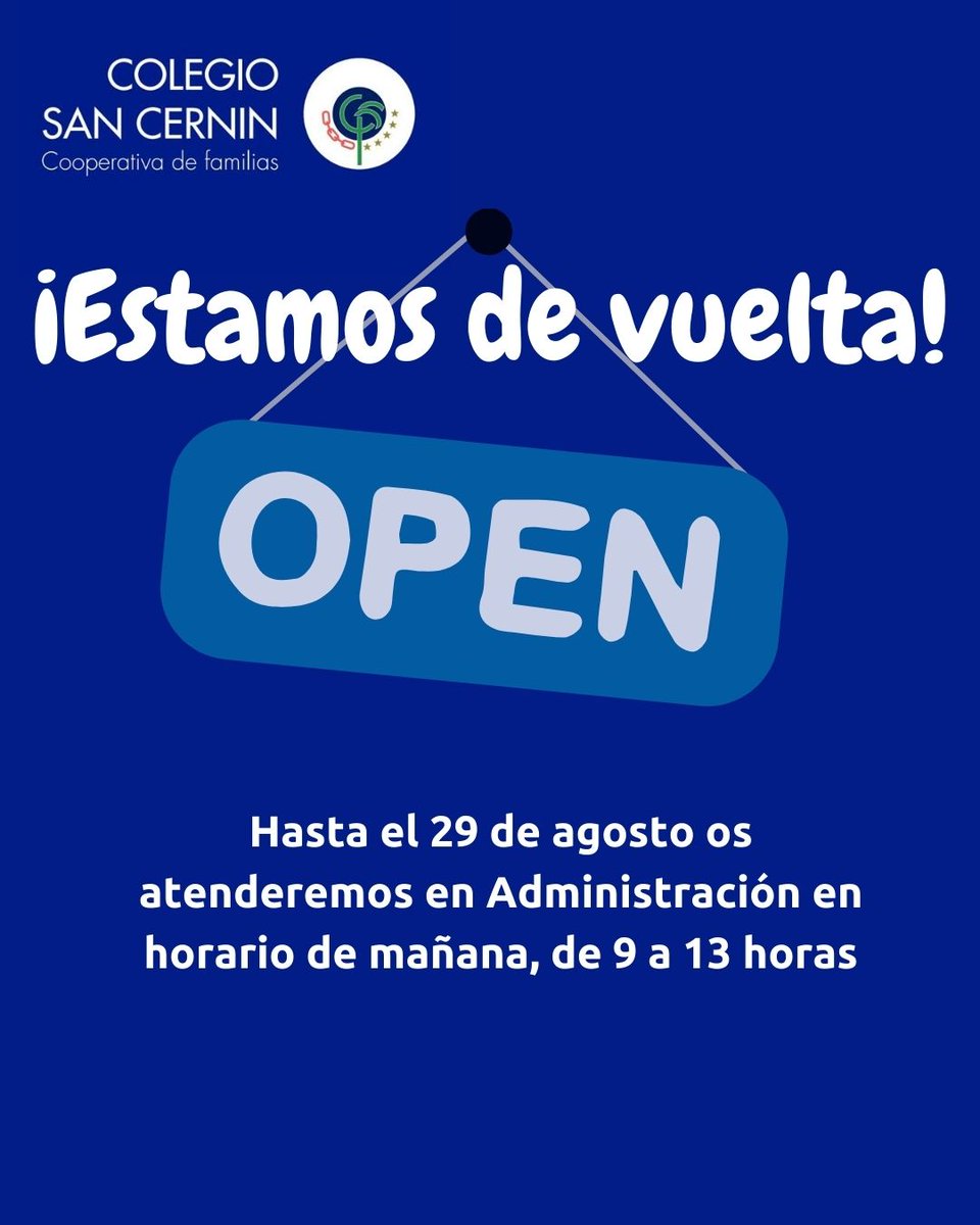 ¡Estamos de vuelta! Tras las vacaciones de verano, estamos de nuevo en el colegio para preparar el curso 25-26. 
Hasta el 29 de agosto os atenderemos en Administración en horario de 9 a 13 horas.
En septiembre recuperaremos el horario habitual de mañana y tarde.