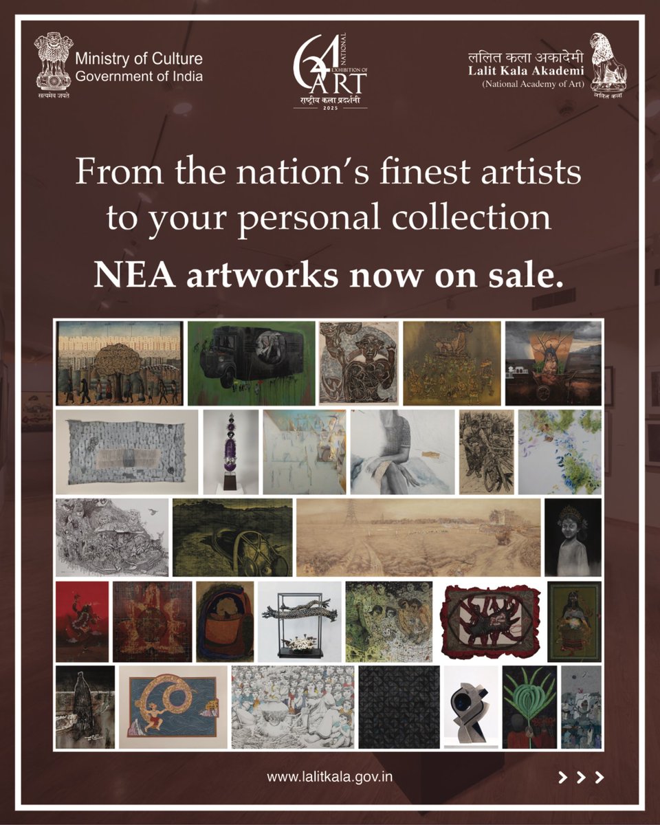 LalitKalaLKA's tweet image. From the nation’s finest artists. ✨
Discover and collect artworks from the 64th National Exhibition of Art (NEA), now available for purchase at Lalit Kala Akademi Gallery, New Delhi.

📍 Lalit Kala Akademi Gallery, New Delhi

#NEA #LalitKalaAkademi #ArtForSale #DelhiEvents