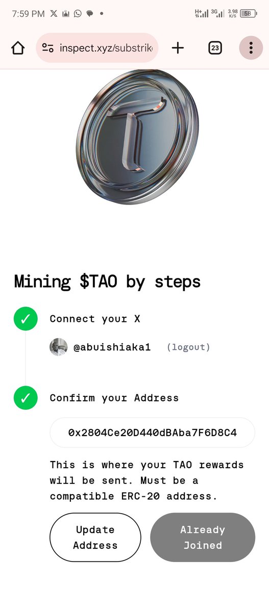 $TAO just by tweeting and engaging on X to earn real rewards 
 <a href="/inspectxyz/">Inspect</a> it turns your Twitter activity into on-chain rewards, just like kaito
How to start:
• Visit inspect.xyz/substrike
• Connect your X account
• Add your ERC-20 wallet
• start posting to earn