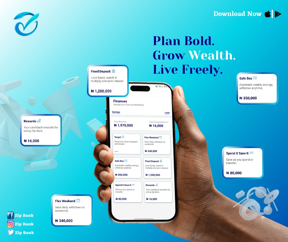 Zipbank__'s tweet image. He who falls to plan, plans to fail. Plan and arrange your finances with our finances tools like fixed deposit, target, safe lock, spend and save, flex weekend and many more and earn outrageous interest.
#zipbank #bankingwithoutboundaries #saving #banking