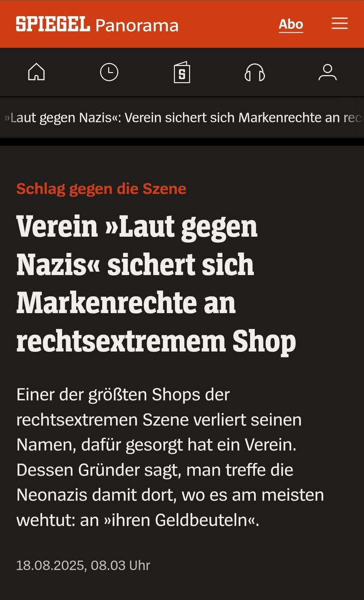 😌

"Der Hamburger Verein »Laut gegen Nazis« hat sich den Namen des bekannten rechtsextremen Onlineshops »Druck18« markenrechtlich gesichert. Damit entzieht er einem der wichtigsten Vertriebskanäle der Szene die gewerbliche Nutzung.

Der Betreiber des Shops darf den Namen