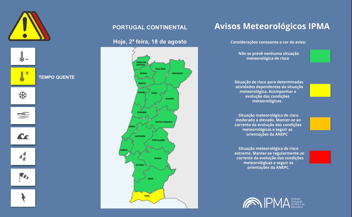 ipma_pt's tweet photo. #AvisosMeteorológicos

❗️ Encontra-se em vigor o Aviso de Tempo Quente para para hoje, 2ª feira, 18 de agosto de 2025 👉 https://t.co/r8MAN2iGbJ

#InfoIPMA #tempo https://t.co/lHYkSa95iH