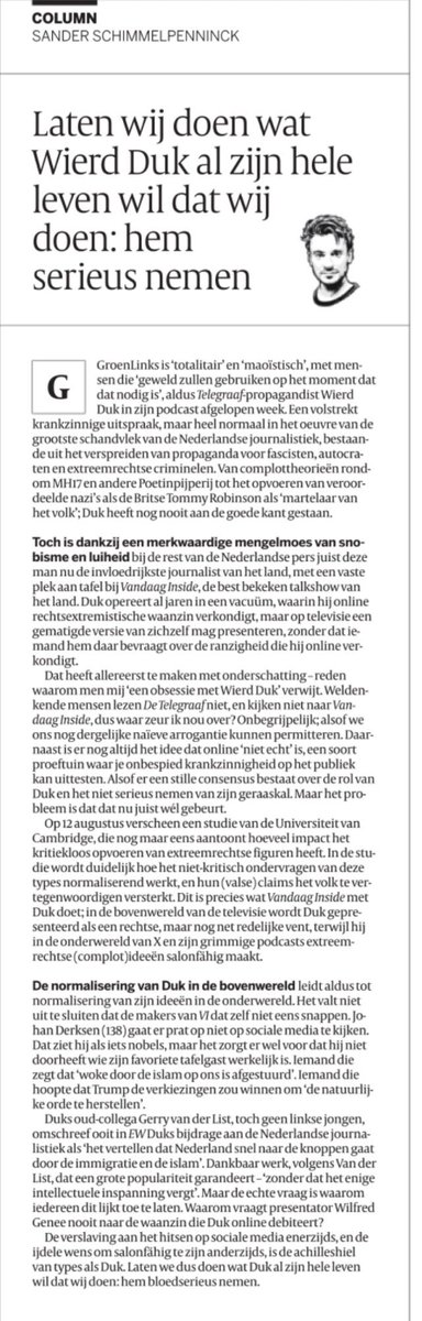 Wierd Duk verspreidt “propaganda voor fascisten, autocraten en extreemrechtse criminelen… Duk heeft nog nooit aan de goede kant gestaan.”