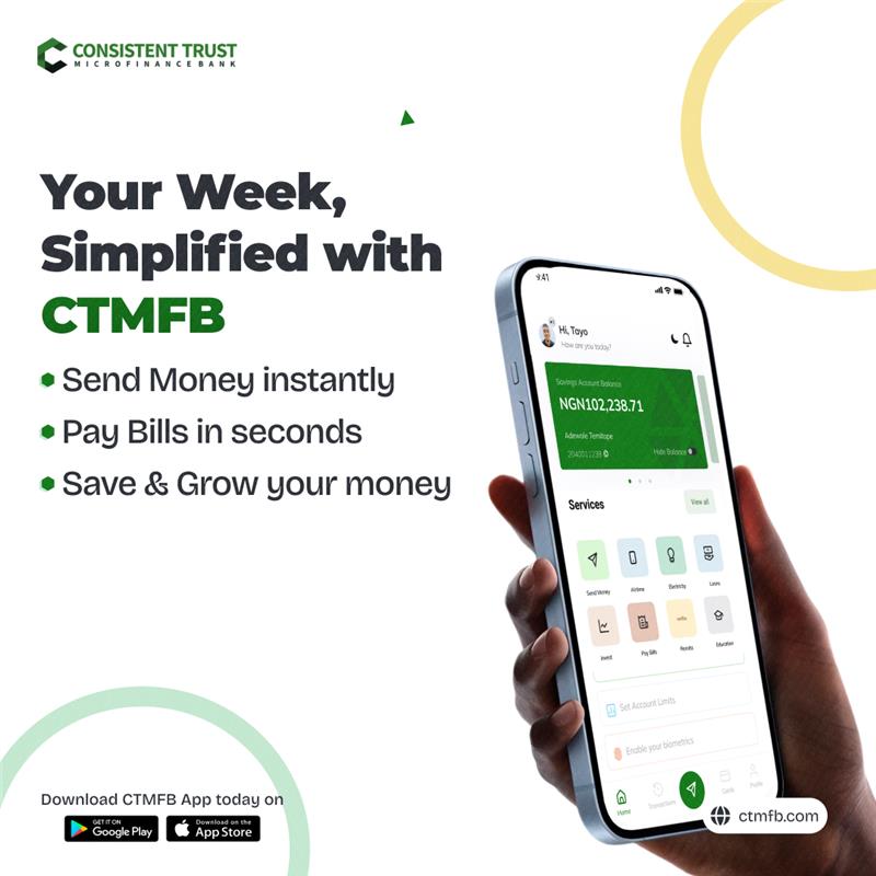 ctmfbhq's tweet photo. Your Week, Simplified with CTMFB 📲
⚡ Send Money instantly
⚡ Pay Bills in seconds
⚡ Save & Grow your money
Download the CTMFB App on Google Play or App store to get started.
#banking #newweeknewgoals #bankapp #ctmfb https://t.co/SnQXXU641x