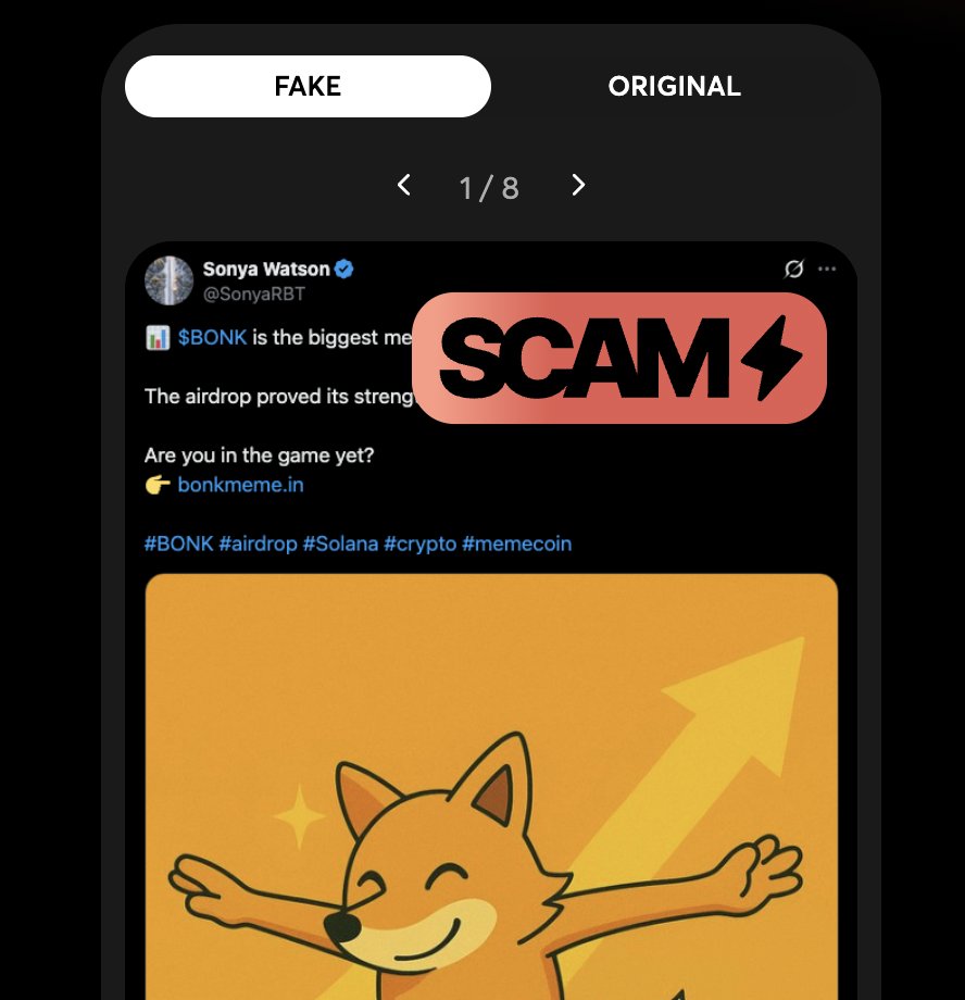 New wave of $BONK impersonators. We flagged another fake airdrop post  pushing a phishing link with a pretty good engagement, convincing scam  domain and wallet-connect prompt. Double-check the domain and contract, and