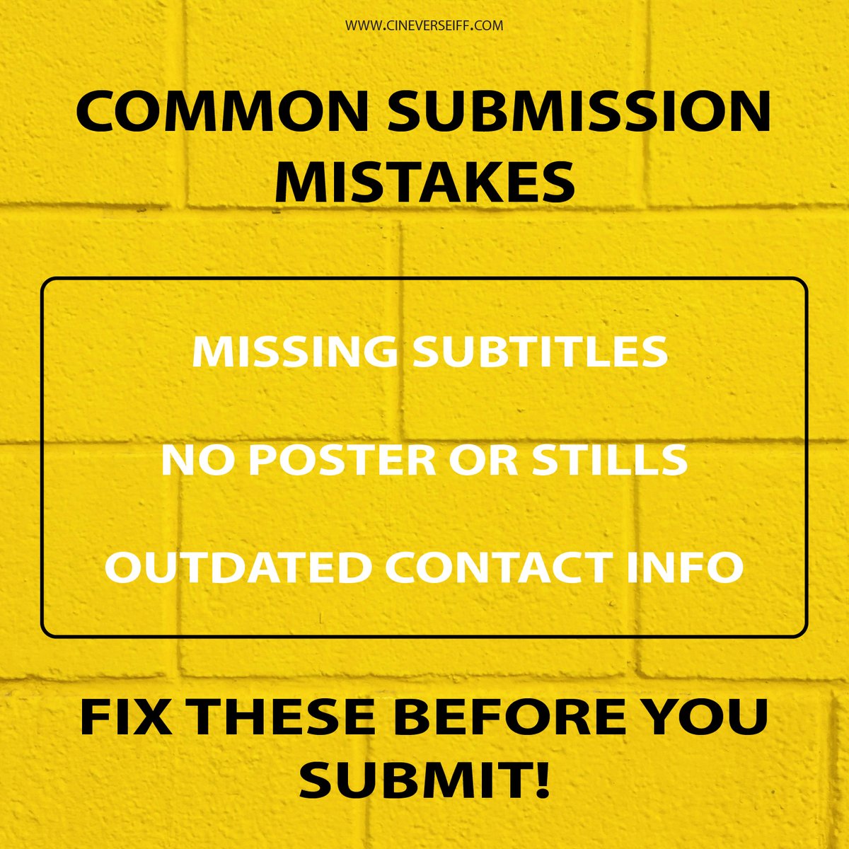 Cineverse_iff's tweet image. 🚫 Submitting your film? Don’t let small mistakes cost you big!
❌ Missing subtitles
❌ No poster or stills
❌ Outdated contact info
Polish these details before hitting submit — it could be the difference between a pass or a spotlight. 🎬✨
#FilmTips #IndieFilm #FilmFestival