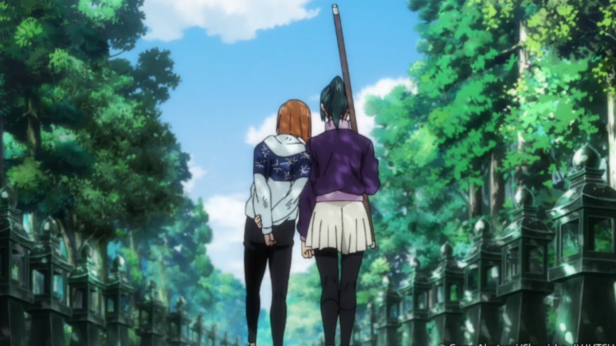 Acetooth's tweet image. like, the manga didn’t even have nobara leaning against maki’s shoulder like this, the jjk anime team was on a fucking mission