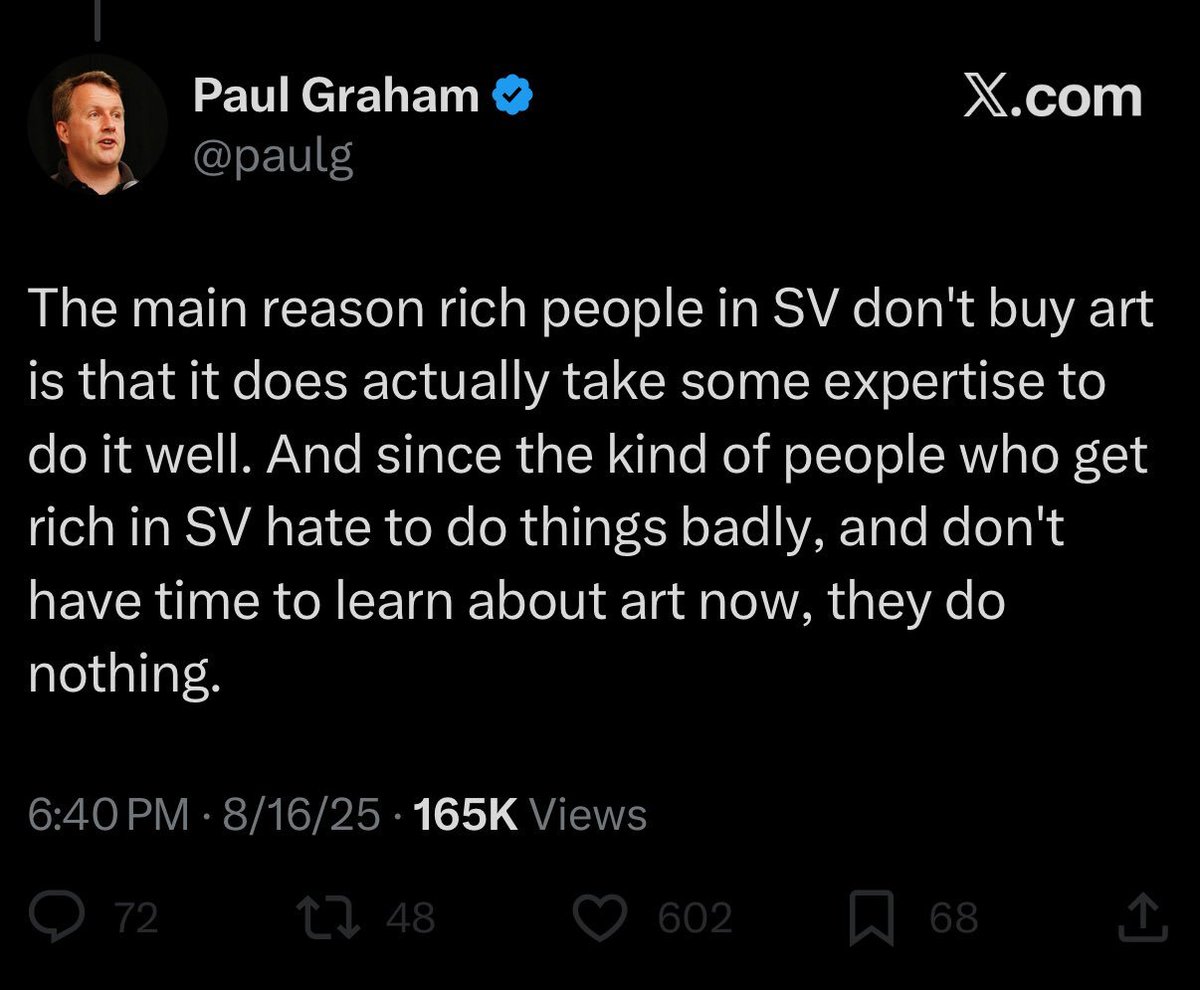 yanandjun's tweet photo. If you think buying art needs 'expertise to do it well', you're likely treating it as an investment/tax purposes/money laundering.

Buying and enjoying art is simple. If you worry about people judging your music playlist, you're overly concerned with external validation. https://t.co/s0flq08Obw