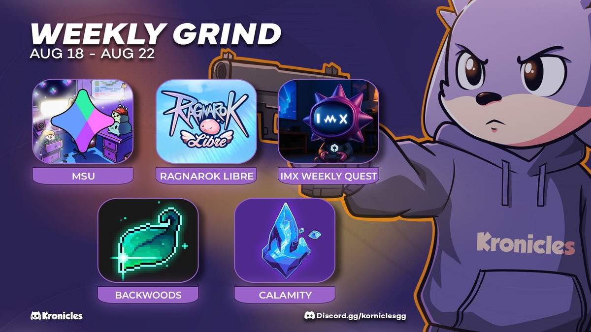 Kronicles (@kroniclesgg) on Twitter photo This week on Kronicles, we're grinding:
- <a href="/MaplestoryU/">MapleStory Universe</a>
- <a href="/RagnarokLibre/">Ragnarok Libre</a>
- <a href="/Immutable/">Immutable</a> Weekly Quest
- <a href="/TheBackwoodsSol/">The Backwoods | Join LEAF Season🍃</a>
- <a href="/PlayCalamity/">Calamity</a>
Ready to grind? Join us! This week on Kronicles, we're grinding:
- <a href="/MaplestoryU/">MapleStory Universe</a>
- <a href="/RagnarokLibre/">Ragnarok Libre</a>
- <a href="/Immutable/">Immutable</a> Weekly Quest
- <a href="/TheBackwoodsSol/">The Backwoods | Join LEAF Season🍃</a>
- <a href="/PlayCalamity/">Calamity</a>
Ready to grind? Join us!
