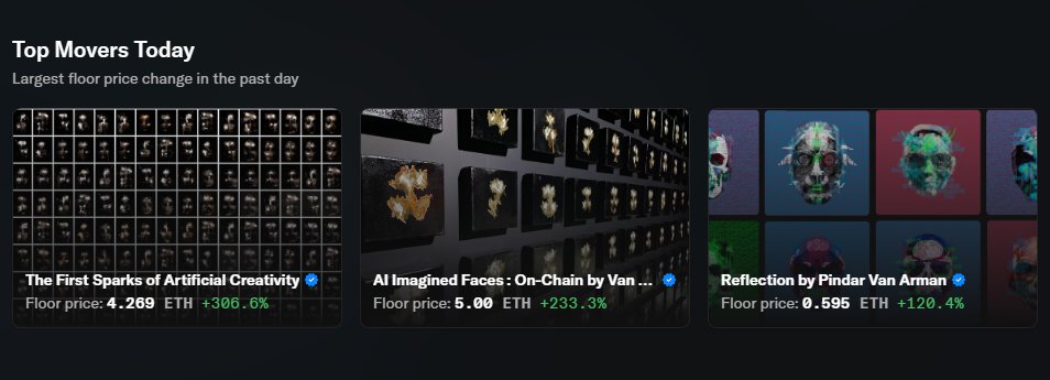 VanArman's tweet image. GM, just waking up to see that the top 3 movers on opensea are First Sparks, AI Faces, and Reflection.