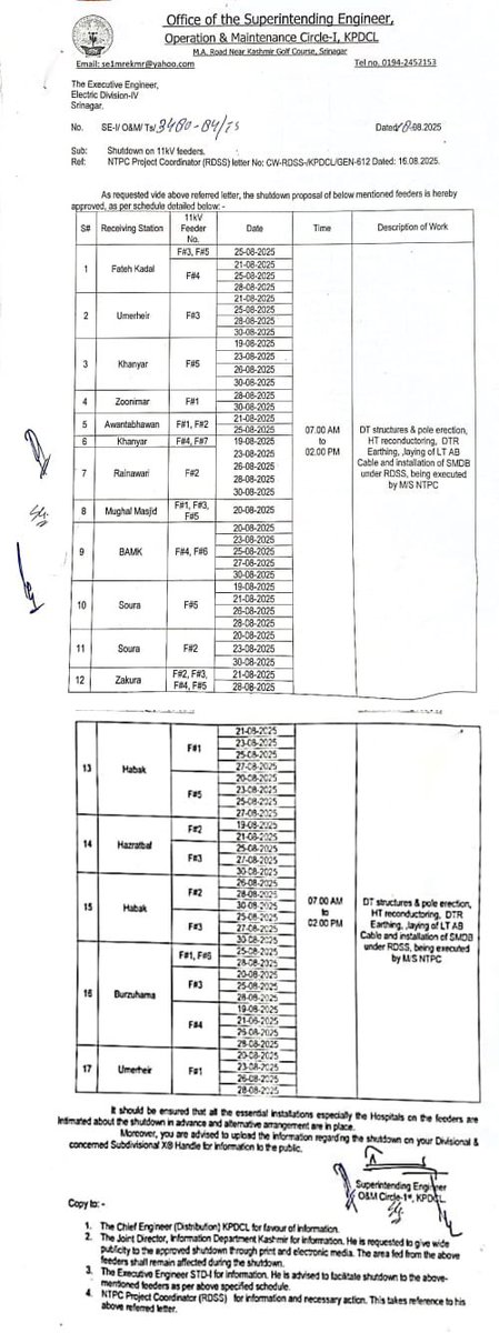 Power shutdown <a href="/kpdcloffice/">Kashmir Power Distribution Corporation Limited</a> <a href="/XEN_EDIV_KPDCL/">Electric Division-IV, Khanyar (KPDCL)</a> <a href="/XEd1st/">ED1st KPDCL</a> <a href="/std_ist/">Sub-Transmission Division, 1st (KPDCL) PDD,Bemina</a>