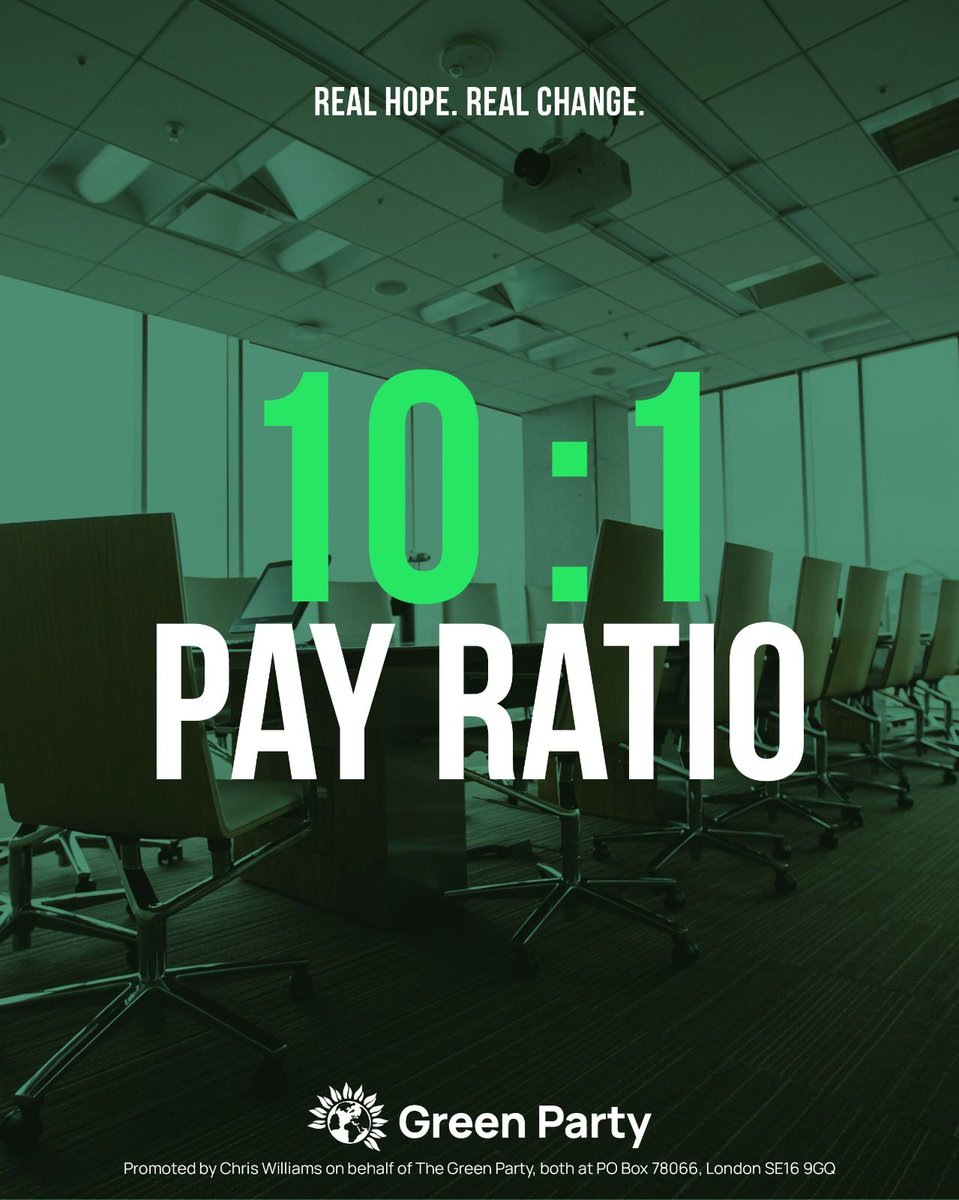 🤑 The average FTSE 100 CEO is now paid 122 times the salary of the average full-time UK worker.

⚖️ The Green Party would introduce a 10:1 pay ratio, meaning the highest-paid employee cannot earn more than ten times the lowest-paid.