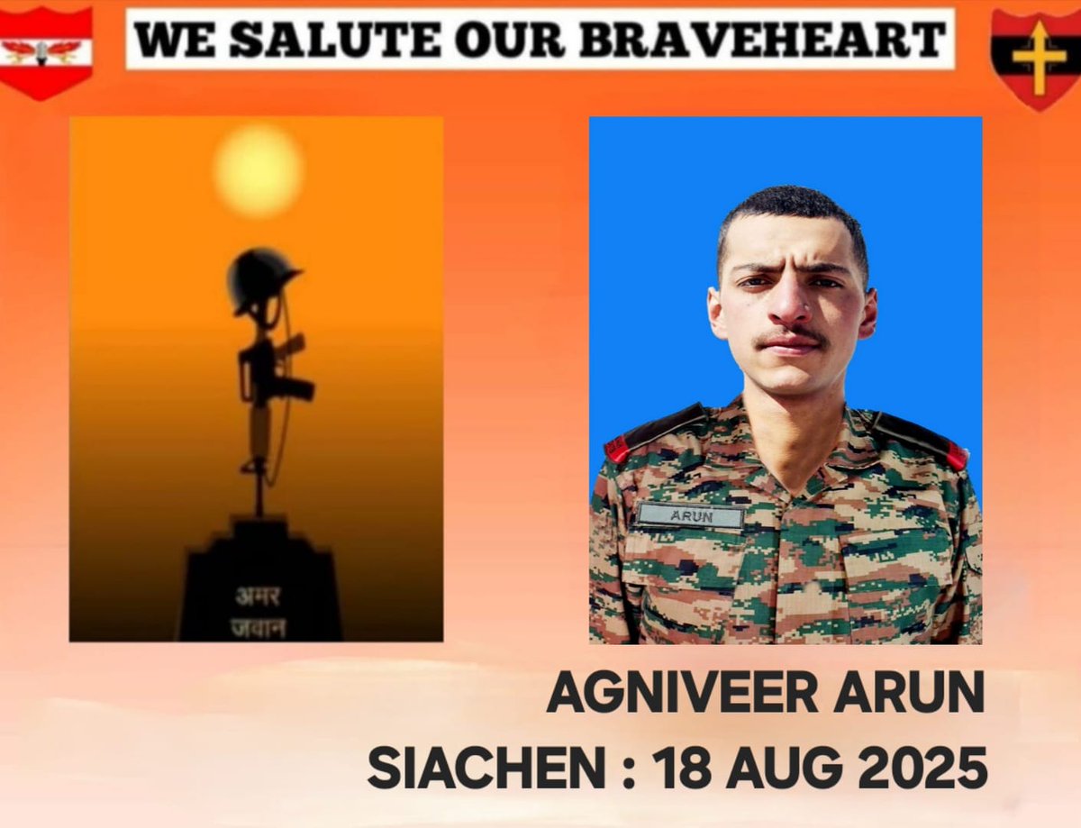 @firefurycorps_IA (@firefurycorps) on Twitter photo GOC, Fire and Fury Corps and All Ranks salute Agniveer Arun, who made supreme sacrifice in the line of duty in #Siachen on 18 Aug 2025 and offer deep condolences to the bereaved family in this hour of grief.
<a href="/adgpi/">ADG PI - INDIAN ARMY</a>
<a href="/NorthernComd_IA/">NORTHERN COMMAND - INDIAN ARMY</a> GOC, Fire and Fury Corps and All Ranks salute Agniveer Arun, who made supreme sacrifice in the line of duty in #Siachen on 18 Aug 2025 and offer deep condolences to the bereaved family in this hour of grief.
<a href="/adgpi/">ADG PI - INDIAN ARMY</a>
<a href="/NorthernComd_IA/">NORTHERN COMMAND - INDIAN ARMY</a>
