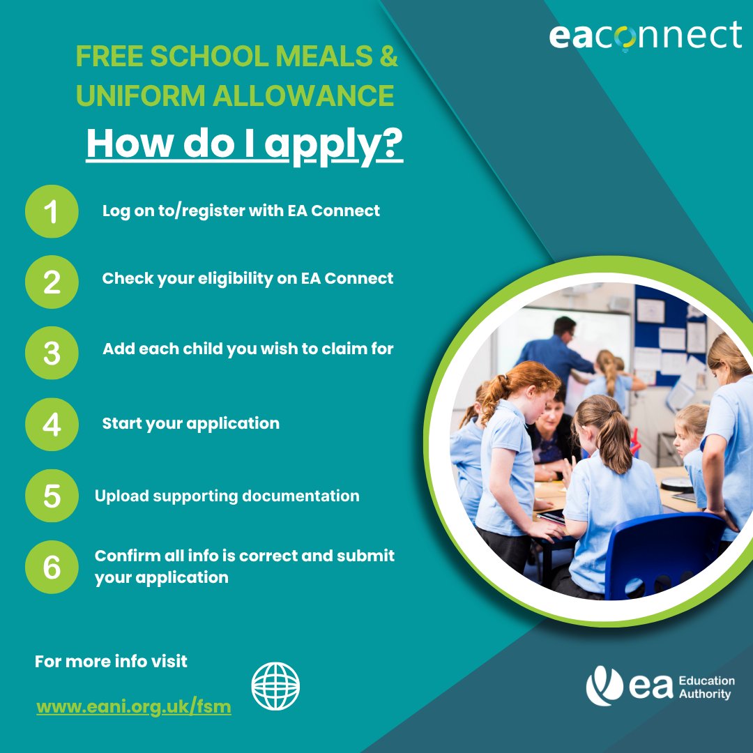 Ed_Authority's tweet photo. The new school term starts soon! 

Have you checked whether you are eligible for Free School Meals and Uniform Allowance?

The EA website has lots of useful information on eligibility and how to make an application.

You can apply through EA Connect https://t.co/zuSzyYMG8V https://t.co/MdFyLwq8wC