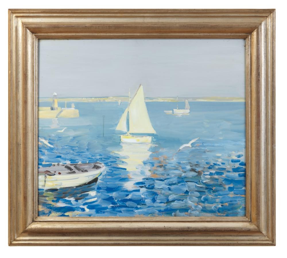 Heading to the coast? 
--
'From the Old Harbour' conveys the stillness of a clear day, the sheltered harbour bathed in soft light, with a restrained palette that underscores atmosphere over narrative. 

Available messums.com/artworks/view/…