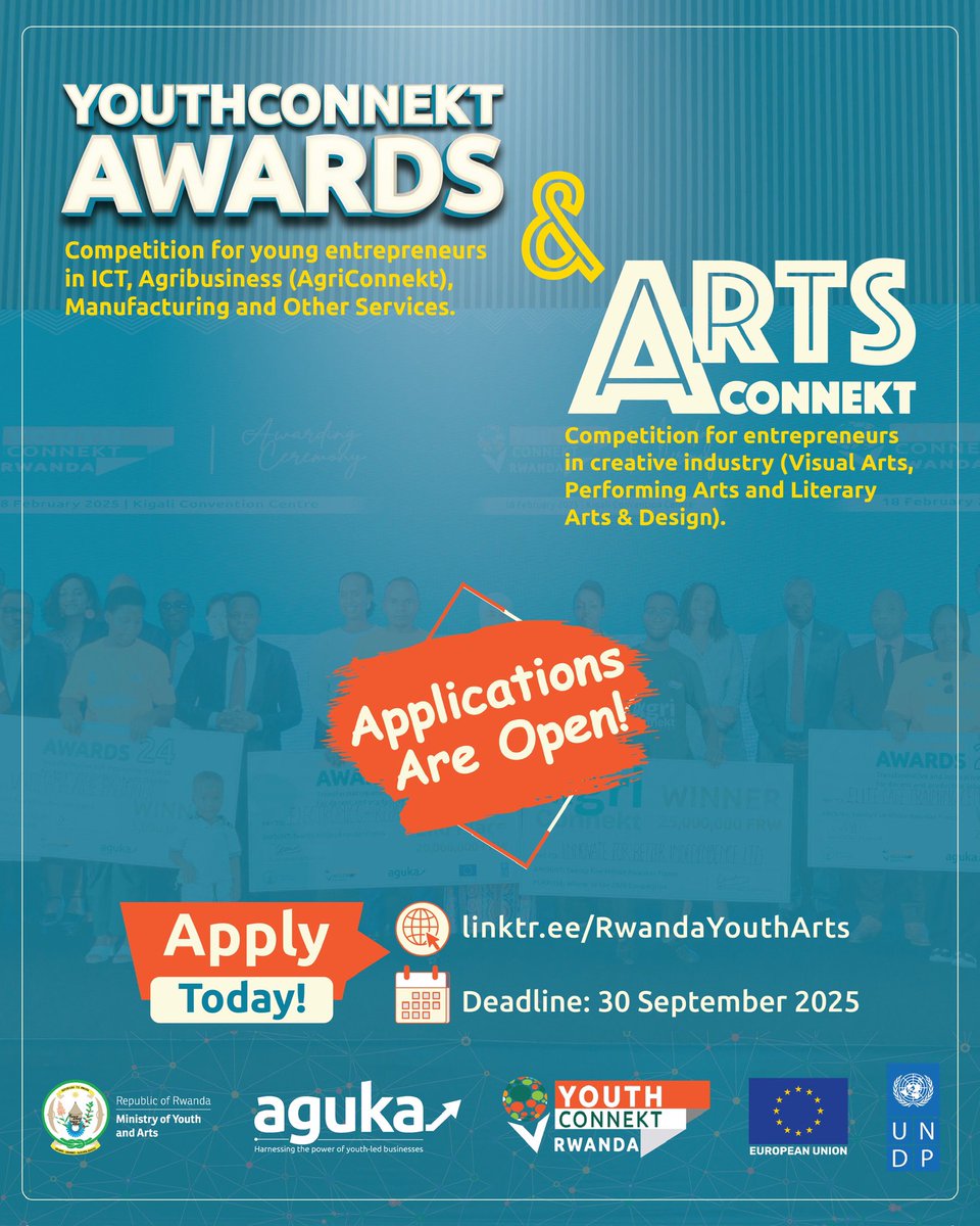 Rubyiruko Rungano tubikurikirane 
#YouthConnekt Awards and #ArtsConnekt, is back 📌 Visit linktr.ee/RwandaYouthArts to apply! <a href="/SolangeTetero/">Tetero Solange</a> <a href="/jnabdallah/">UTUMATWISHIMA</a> <a href="/NgaboBrave/">Ngabo Brave Olivier, DMS</a>  <a href="/valencesh/">Valens Habarurema</a>  <a href="/JeanRusi/">Jean Marie RUSI</a> <a href="/Jeanpaulusenga/">Jean Paul USENGA</a> <a href="/RealKabugarama/">Schadrack Kabugarama</a> <a href="/Nsaziyeprosper/">NSAZIYINKA Prosper</a>