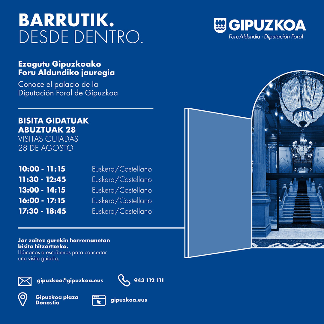 🏛️ Conoce el palacio de la Diputación Foral de Gipuzkoa desde dentro. Realizaremos visitas guiadas el 28 de agosto.

🔗 gipuzkoa.eus/es/visitas-gui…