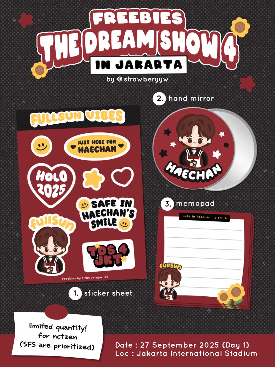 ˚‧｡⋆🌻⋆｡‧˚ FREEBIES TDS 4 in Jakarta

💬 “if haechan is your bias, this is for you.” 

🗓️ 27 September 2025
📍 Jakarta International Stadium
📦freebies pack — full of love &amp; haechan energy

RT/like if you’re coming &amp; say hi~ we might meet!