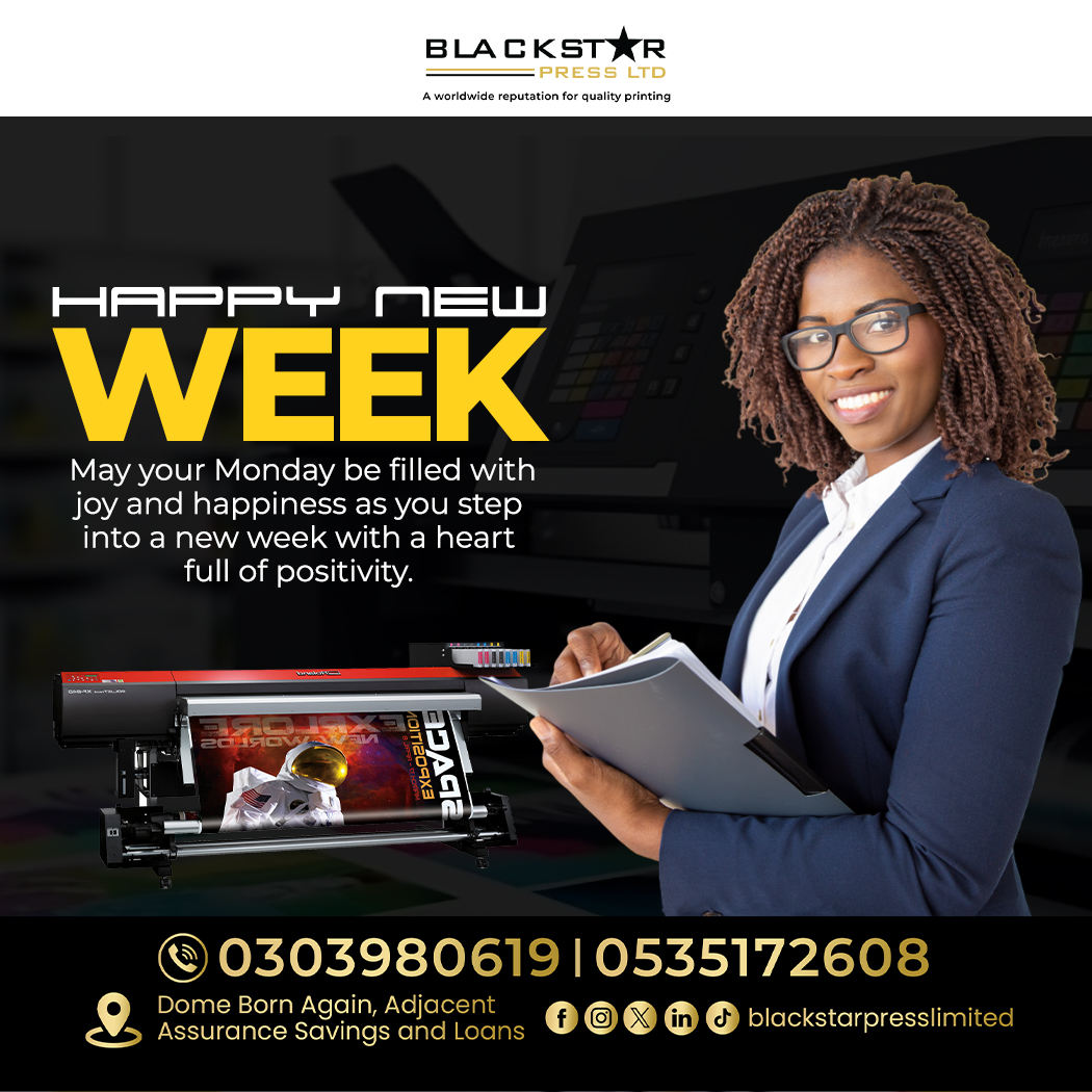 blackstarpress1's tweet photo. Happy New Week from Blackstar Press Ltd!
May your Monday be filled with joy, positivity, and new opportunities. Step into the week with confidence. Let’s make it productive and impactful. 💡💼

#HappyNewWeek #BlackstarPress #PrintingSolutions #AccraBusiness #PrintWithExcellence https://t.co/Zn2ZrcmwBT