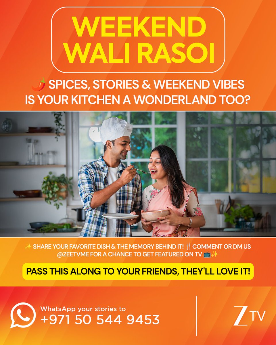 Spice up your weekend with a pinch of nostalgia! 🌶️🍲
What’s cooking in your #WeekendWaliRasoi? Share your favorite dish &amp; the story behind it — <a href="/ZeeTVME/">ZeeTVME</a>  and get a chance to be featured on TV!
Don’t keep the flavour fest to yourself — pass it on!

#WeekendWaliRasoi #ZeeTVME