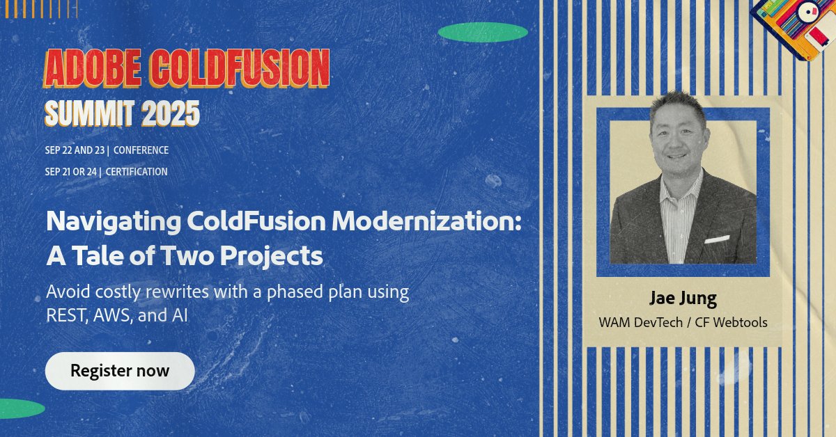 coldfusion's tweet image. Two modernization projects, one success, one failure. Join Jae Jung for lessons on planning and tooling.
Register ▶ cfsummit.adobeevents.com
#ColdFusion #CFML #Modernization