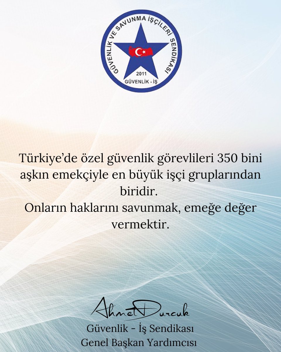 AhmetDurcuk's tweet photo. Türkiye’de özel güvenlik görevlileri, 350 bini aşkın emekçiyle en büyük işçi gruplarından biridir. Onların haklarını savunmak, emeğe değer vermektir.

 #ÖzelGüvenlik #İşçiHakları #EmeğeDeğer #350BinEmekçi https://t.co/ruVLzNmVaS