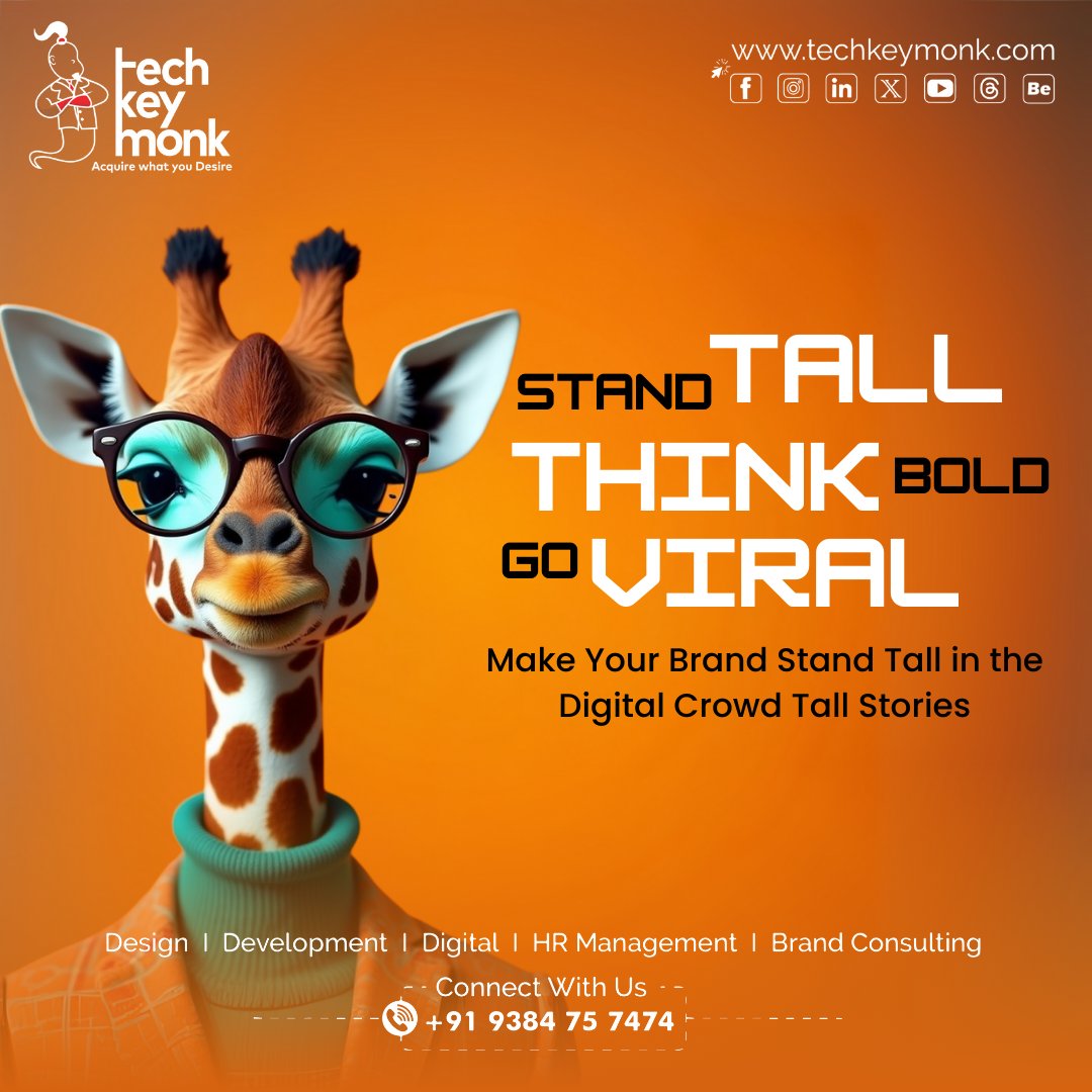 TechKeyMonk's tweet image. 🦒 Stand Tall. Think Bold. Go Viral. 🚀
Your brand deserves to shine in the digital crowd.
📞 +91 6385 013 620
🌐 techkeymonk.com
#TechKeyMonk #DigitalMarketing #GoViral #ThinkBold #BusinessGrowth #SocialMediaSuccess
