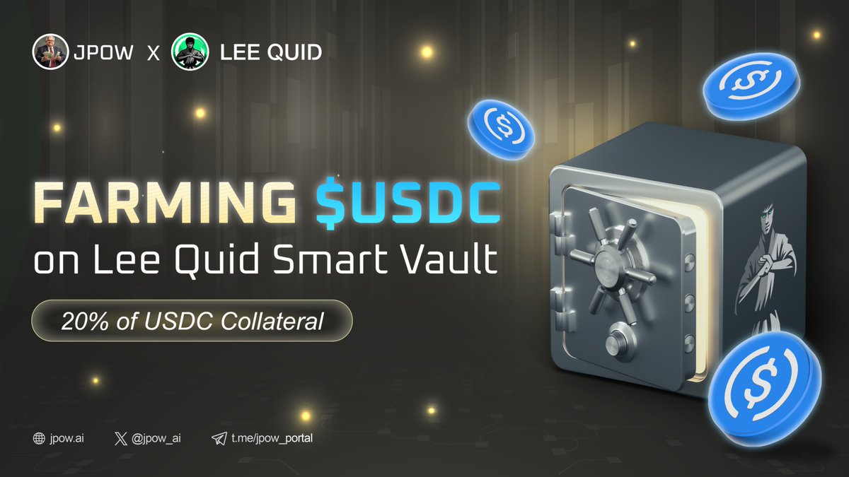 jpow_ai's tweet photo. 🔥[JPOW x LEE QUID] New APR Update: Lee Quid’s Smart Vault!

Put your $USDC to work smarter — now earning 3.9% APR 💸

Not just your gains, this vault fuels our protocol’s growth with:
⚡ 20% of USDC collateral allocated here to generate passive income!

→ Directly boosting the monthly revenue shared with $JPOW stakers via @distilled_AI.

Powered by https://t.co/FjWZMGL6XI, Smart Vault makes every dollar work harder and safer.

👉 Start earning today: https://t.co/9tJf5xOxvA