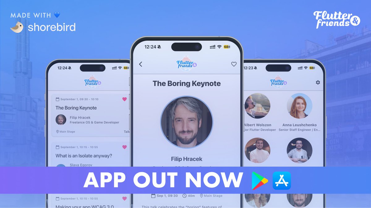 The Flutter &amp; Friends app is out now!

The full agenda is live in the app — plan your days, check talks, and save your favorites 😍

Made with 💙 using <a href="/shorebirddev/">Shorebird</a> 🫶
Huge thanks to <a href="/felangelov/">Felix Angelov 🐦💙</a> for building it for us! 🙏

Download now on Google Play and App Store 📱
