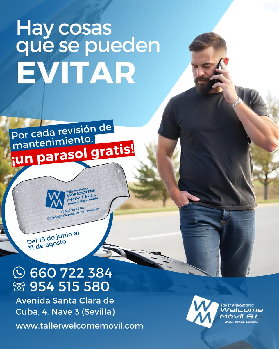 ¡No dejes que una avería arruine tus vacaciones! 🙅‍♀️

En Taller Welcome Móvil, sabemos que hay cosas que se pueden evitar. Haz una revisión de tu coche antes de salir y, por cada una, te llevas un parasol GRATIS☀️

¡Viaja seguro y tranquilo!

#Somostutaller #Sevilla