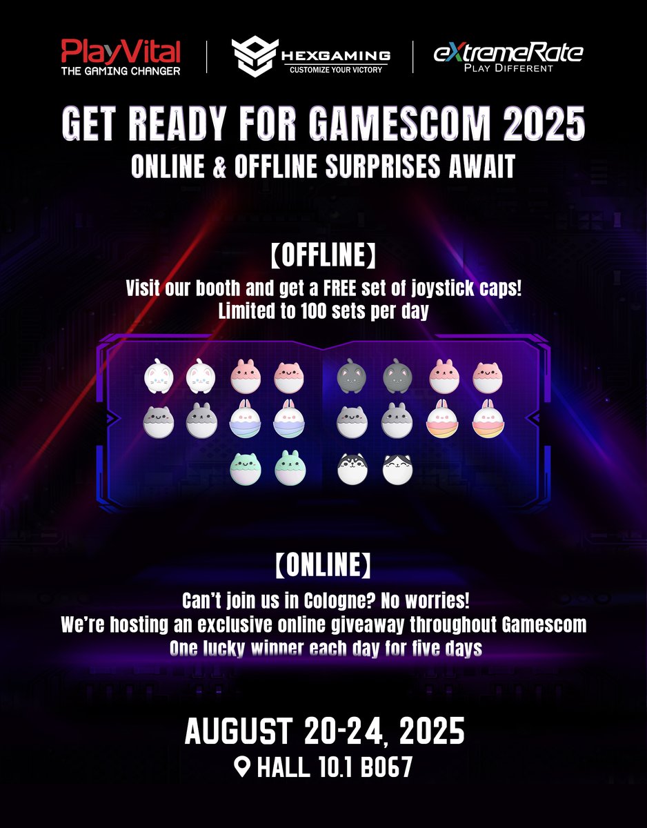 ExtremeRate's tweet photo. Calling all gamers! We're hyped for Gamescom in Cologne, and whether you're joining us in person or cheering from home, we've got something for YOU!
๐OFFLINE EXCLUSIVE:
Make your way to Hall 10.1, Booth B067 (Aug 20-24) and claim your FREE set of premium thumb grips! Level up your grip!
*(Only 100 sets per day, so come early!)*
๐ฎONLINE GIVEAWAY:
Can't travel to Cologne? No problem! We're running an exclusive online giveaway throughout Gamescom!
One incredibly lucky winner will be chosen EACH DAY for FIVE DAYS! Don't sleep on this chance! ๐
๐Follow us and stay tuned for giveaway entry details dropping soon!
#Gamescom #Gamescom2025 #Giveaway #playvital #extremerate #PS5Share #PS5 #PS4 #Nintendo #NintendoSwitch #gaming #gamerguy #gamergirl #XboxSeriesX #XboxGamePass