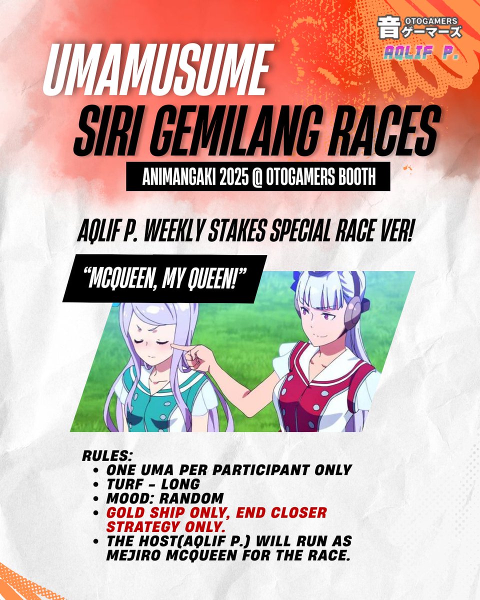 Aqlif P. (@wheatscuits) on Twitter photo I am hosting a special Umamusume Custom Room Race at #amg2025 alongside <a href="/otogamersMY/">otogamersMY</a> ! We will have real prizes and live commentary as well as a special race for those interested! Do check it out! I am hosting a special Umamusume Custom Room Race at #amg2025 alongside <a href="/otogamersMY/">otogamersMY</a> ! We will have real prizes and live commentary as well as a special race for those interested! Do check it out!