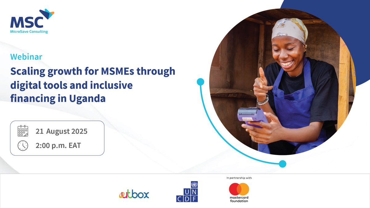 MSC (MicroSave Consulting) (@microsave) on Twitter photo What increases #DigitalAdoption for #youth & women-led #MSMEs in Uganda & worldwide? Join MSC, <a href="/UNCDF/">UNCDF</a>, <a href="/OutboxHub/">Outbox</a>, <a href="/wituganda/">Women in Technology Uganda #WomenInSTEM</a>, & <a href="/refactory_acad/">Refactory Academy</a> with <a href="/MastercardFdn/">Mastercard Foundation</a> for our 10X Program webinar.
Register to explore financial inclusion at:
👉tinyurl.com/54yxe42n What increases #DigitalAdoption for #youth & women-led #MSMEs in Uganda & worldwide? Join MSC, <a href="/UNCDF/">UNCDF</a>, <a href="/OutboxHub/">Outbox</a>, <a href="/wituganda/">Women in Technology Uganda #WomenInSTEM</a>, & <a href="/refactory_acad/">Refactory Academy</a> with <a href="/MastercardFdn/">Mastercard Foundation</a> for our 10X Program webinar.
Register to explore financial inclusion at:
👉tinyurl.com/54yxe42n